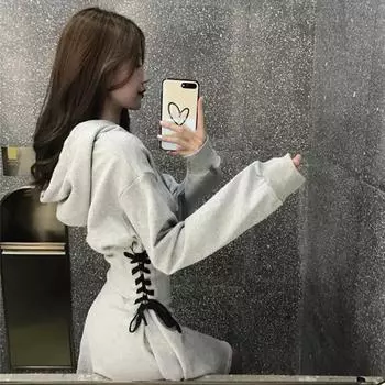 Уличная одежда Мини-платье Женское Harajuku с капюшоном Бандажное платье А-силуэта Весна Осень Корейский Высокая талия Шнуровка Тонкие Платья S чёрный