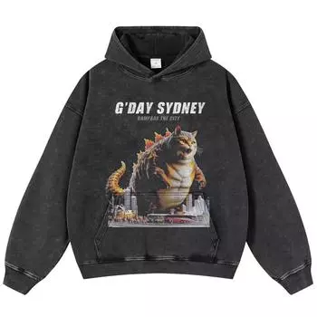 Уличная одежда Mutations Cat Graphic Washed Black Oversize Unisex Y2K Hoodie S чёрный