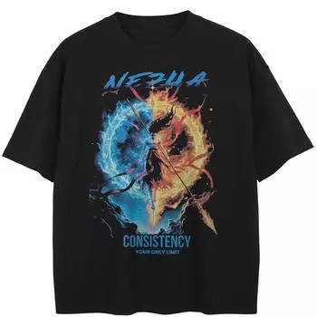 Уличная одежда NEZHA Графическая футболка Хлопковая стираная черная футболка Унисекс Топы Футболки Летняя футболка с короткими рукавами S чёрный
