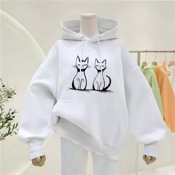 Уличная одежда Пара Котов Принт Свободная Толстовка С Приспущенными Плечами M белый