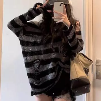 Уличная одежда, полосатый вязаный пуловер с длинными рукавами, свитер, женский осенний модный свободный трикотаж в стиле панк с вырезами, топы 29236 One Size орион