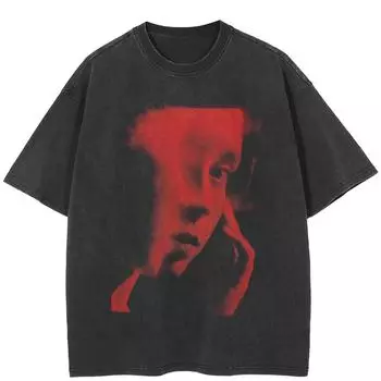 Уличная одежда Половина лица Винтажная потертая черная футболка Хлопок Y2K унисекс свободный крой топы футболки S красный