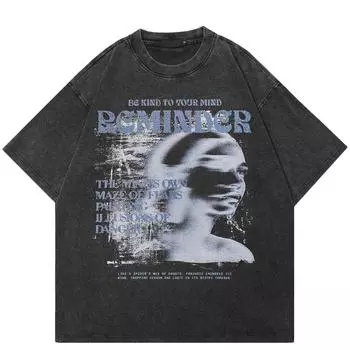 Уличная одежда Половина лица Винтажная потертая черная футболка Хлопок Y2K унисекс свободный крой топы футболки S чёрный