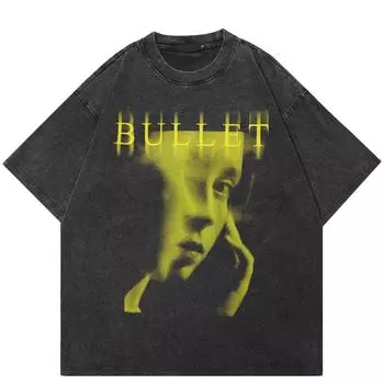 Уличная одежда Половина лица Винтажная потертая черная футболка Хлопок Y2K унисекс свободный крой топы футболки S зелёный