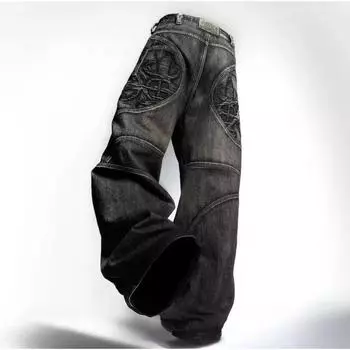 Уличная одежда, потертые ретро-мешковатые джинсы, готический хип-хоп-стиль, Харадзюку, модные черные прямые брюки, широкие брюки Y2K, унисекс S