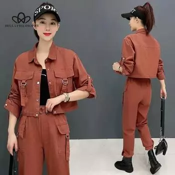 Уличная одежда, повседневные комплекты из двух предметов, осенняя рабочая одежда, куртка + брюки-карго, костюмы, модный свободный спортивный костюм S чёрный