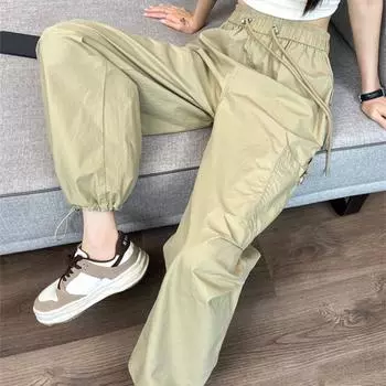 Уличная одежда, повседневные свободные широкие брюки Lge для женщин, модные тонкие однотонные спортивные брюки, женские прямые женские брюки с высокой талией и шнурком 24272 XS чёрный