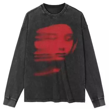 Уличная одежда Red Face Graphic Washed Black Футболка Хлопок Унисекс Топы Футболки Большие размеры Длинные рукава Футболка S чёрный