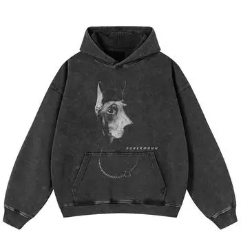 Уличная одежда Ретро Доберман Графический стираный черный свободный унисекс толстовка Y2K S чёрный