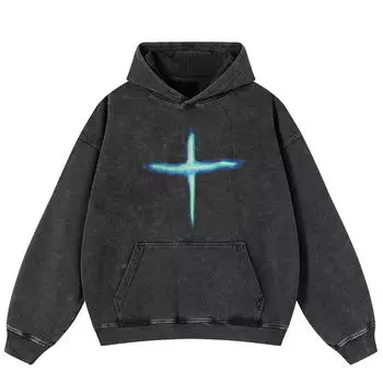 Уличная одежда Ретро Крест Графический стираный черный свободный унисекс толстовка Y2K S чёрный