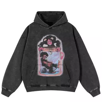 Уличная одежда Ретро мультяшная графика стираная черная свободная унисекс толстовка Y2K S чёрный