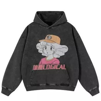 Уличная одежда Ретро мультяшная графика стираная черная свободная унисекс толстовка Y2K S чёрный