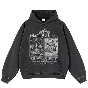 Уличная одежда с изображением замка в стиле ретро с обеих сторон, черная, свободного покроя, унисекс, толстовка с капюшоном Y2K S чёрный