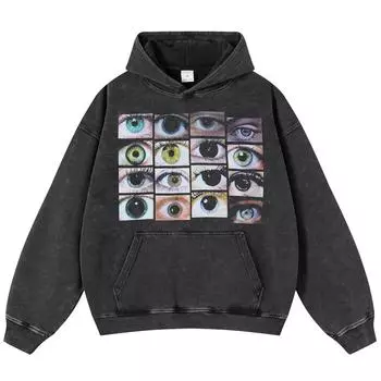 Уличная одежда с рисунком глаз, унисекс, мытая черная объемная толстовка унисекс с длинными рукавами S чёрный