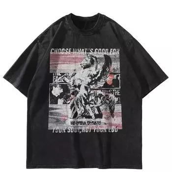 Уличная одежда Смешная графика Хлопок стираный черный Oversixed унисекс топы футболки летние короткие рукава футболка S чёрный