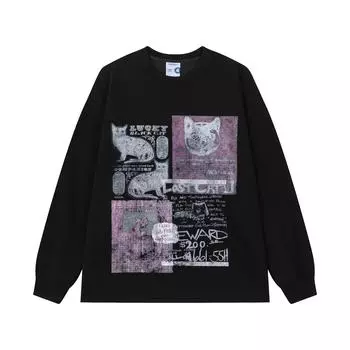 Уличная одежда Смешные коты Круглый вырез Длинные рукава Унисекс Толстовка S серый