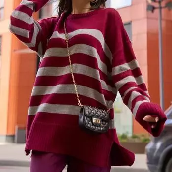 Уличная одежда Свободный топ Женский пуловер Женский джемпер с длинным рукавом Водолазка Вязаный полосатый свитер One Size чёрный