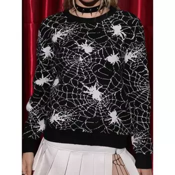 Уличная одежда Темно-черный свитер Женский готический свитер на Хэллоуин с принтом паутины Оверсайз свитер Трикотаж Панк-мода Y2k свитер S чёрный