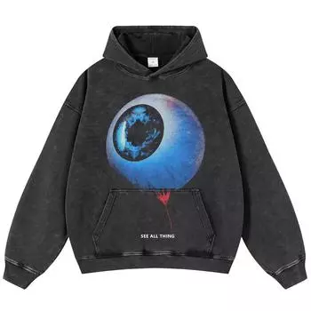 Уличная одежда Унисекс с рисунком синих глаз, мытая черная объемная толстовка унисекс с длинными рукавами S чёрный