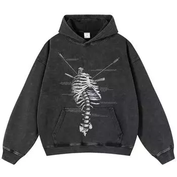 Уличная одежда, унисекс, с рисунком скелета, черная, объемная, унисекс, толстовка с длинными рукавами S чёрный