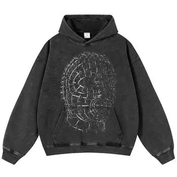 Уличная одежда, унисекс, унисекс, мытая черная объемная толстовка с длинными рукавами и принтом «Железная проволока» S чёрный