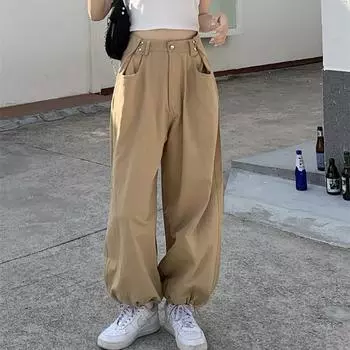 Уличная одежда в стиле Харадзюку, летние женские широкие брюки-карго с завышенной талией, мешковатые брюки, женские брюки, спортивные штаны оверсайз для бега M чёрный