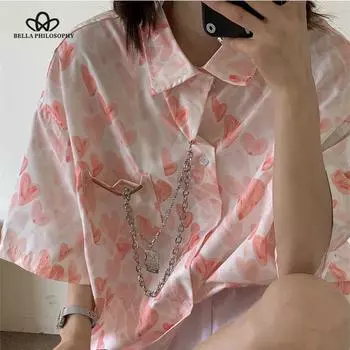 Уличная одежда в стиле Харадзюку, винтажная повседневная свободная однобортная блузка с короткими рукавами и принтом в форме сердца, однобортная рубашка большого размера с цепочкой S оранжевый