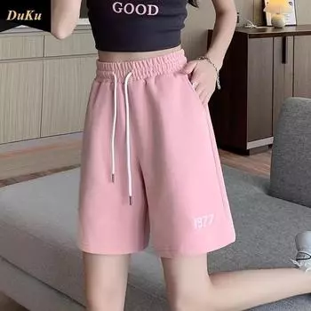 Уличная одежда в стиле винтаж в стиле Гонконга, спортивные шорты, женские летние свободные тонкие повседневные брюки, брюки с высокой талией и застежкой-молнией S чёрный