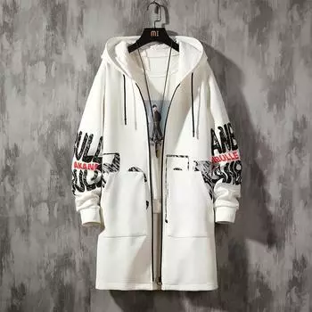 Уличная одежда, весенняя мода, повседневные тренчи, мужские пальто Harajuku с капюшоном и лентами, средняя длинная мужская куртка M