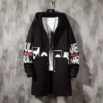 Уличная одежда, весенняя мода, повседневные тренчи, мужские пальто Harajuku с капюшоном и лентами, средняя длинная мужская куртка M