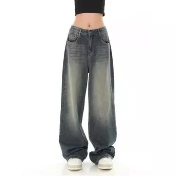 Уличная одежда, винтажные свободные прямые джинсы с высокой талией, корейские модные женские широкие мешковатые брюки Y2K, джинсовые брюки, женская одежда S синий
