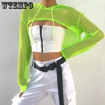 Уличная одежда WTEMPO, неоново-зеленые сетчатые топы в сетку, женские перспективные футболки с длинными рукавами, однотонные повседневные укороченные рубашки S зелёный