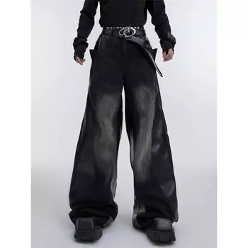 Уличная одежда Y2K, красные джинсы из искусственной кожи в стиле пэчворк, мешковатые брюки для мужчин, дизайнерская одежда, свободные широкие брюки из денима M&CHINA чёрный