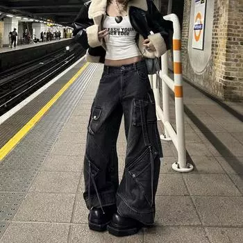 Уличная одежда Y2K, потертые черные мешковатые джинсы-карго для женщин, широкие брюки с несколькими карманами, прямые свободные женские брюки S чёрный