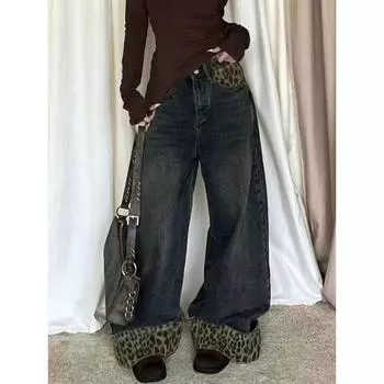 Уличная одежда Y2K с леопардовым принтом, мешковатые джинсы, брюки для женщин, винтажная одежда, широкие женские брюки, Ropa De Mujer S синий