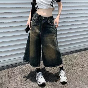 Уличная одежда Y2k, стильные мешковатые джинсовые шорты, женские широкие шорты, модные джинсы до колена с высокой талией, женские XXS синий