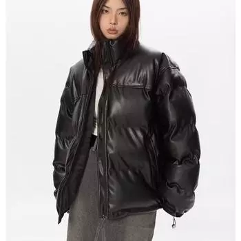 Уличная одежда Y2K, женские парки, зимние толстые черные пальто из искусственной кожи, теплая одежда с хлопковой подкладкой, куртка на молнии M чёрный