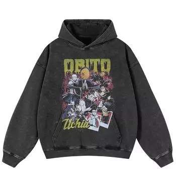 Уличная одежда Японская Anmie Graphic Washed Black Oversize Unisex Y2K Hoodie S чёрный