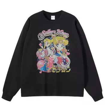 Уличная одежда Японская мультяшная графика Черная футболка Хлопок унисекс Топы Футболки Футболка с длинными рукавами M чёрный