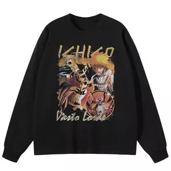 Уличная одежда Японская мультяшная графика Черная футболка Хлопок унисекс Топы Футболки Футболка с длинными рукавами M чёрный