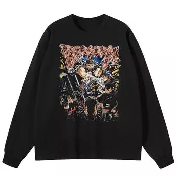 Уличная одежда Японская мультяшная графика Черная футболка Хлопок унисекс Топы Футболки Футболка с длинными рукавами M чёрный