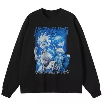 Уличная одежда Японская мультяшная графика Черная футболка Хлопок унисекс Топы Футболки Футболка с длинными рукавами M чёрный