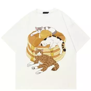 Уличная одежда Японские кошки Унисекс Футболка Хлопковая футболка Унисекс Топы Футболки Летняя футболка с короткими рукавами S белый