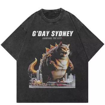 Уличная одежда Японский монстр Винтаж стираная черная футболка хлопок унисекс свободный крой топы футболки S чёрный