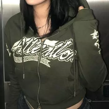 Уличная одежда, женская толстовка с буквенным принтом звезды в стиле панк, винтажная зеленая толстовка на молнии с длинными рукавами Y2K S зелёный