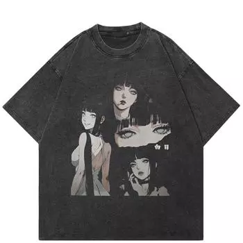 Уличная одеждаЯпонская футболка с рисунком аниме, хлопковая черная футболка, топы унисекс, футболки, летняя футболка с короткими рукавами S чёрный