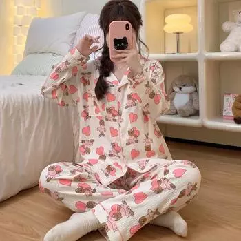 Уличная пижама для женщин с красочным принтом в виде милого медведя из мультфильма «Любовь», женская пижама в стиле Харадзюку M бежевый