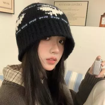 Уличная ретро-шапка для осени и зимы, мужская и женская, жаккардовая, крючком, большая окружность головы, показывающая маленькое лицо, холодная, теплая шапка M56-58cm чёрный