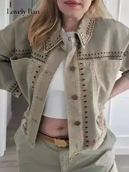 Уличная рубашка с вышивкой Y2k, женская однобортная винтажная базовая блузка с карманами и длинными рукавами с лацканами, женская модная женская куртка