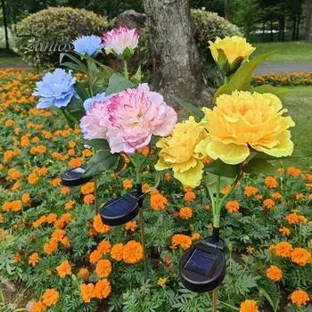 Уличная садовая лампа с 3 головками, дизайн, реалистичный вид, водонепроницаемая, с автоматической зарядкой, на солнечной энергии, лампа с цветком пиона, ландшафтное освещение синий